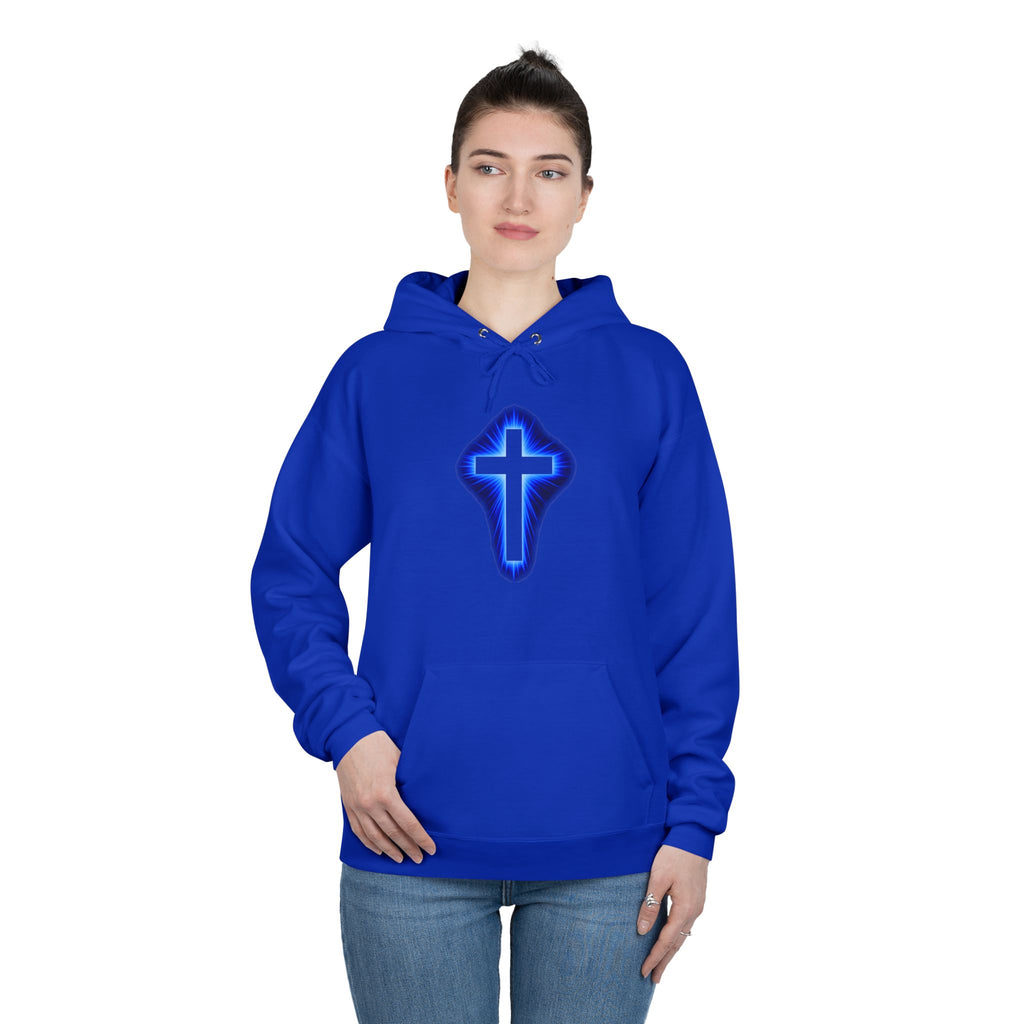 Christian Cross Hoodie — Blue Glow Front & Rustic Back Pullover