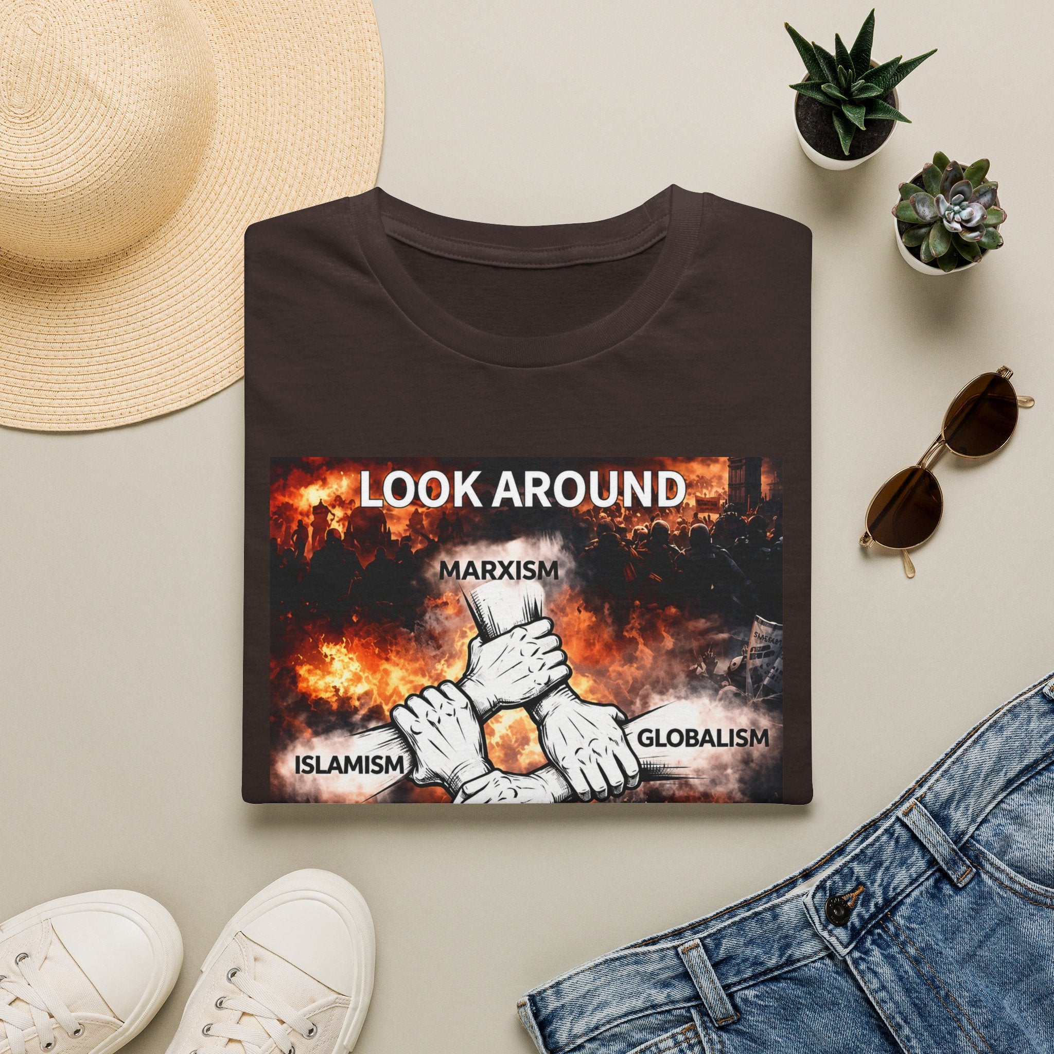 Political Graphic T-Shirt — "Look Around" Protest Design