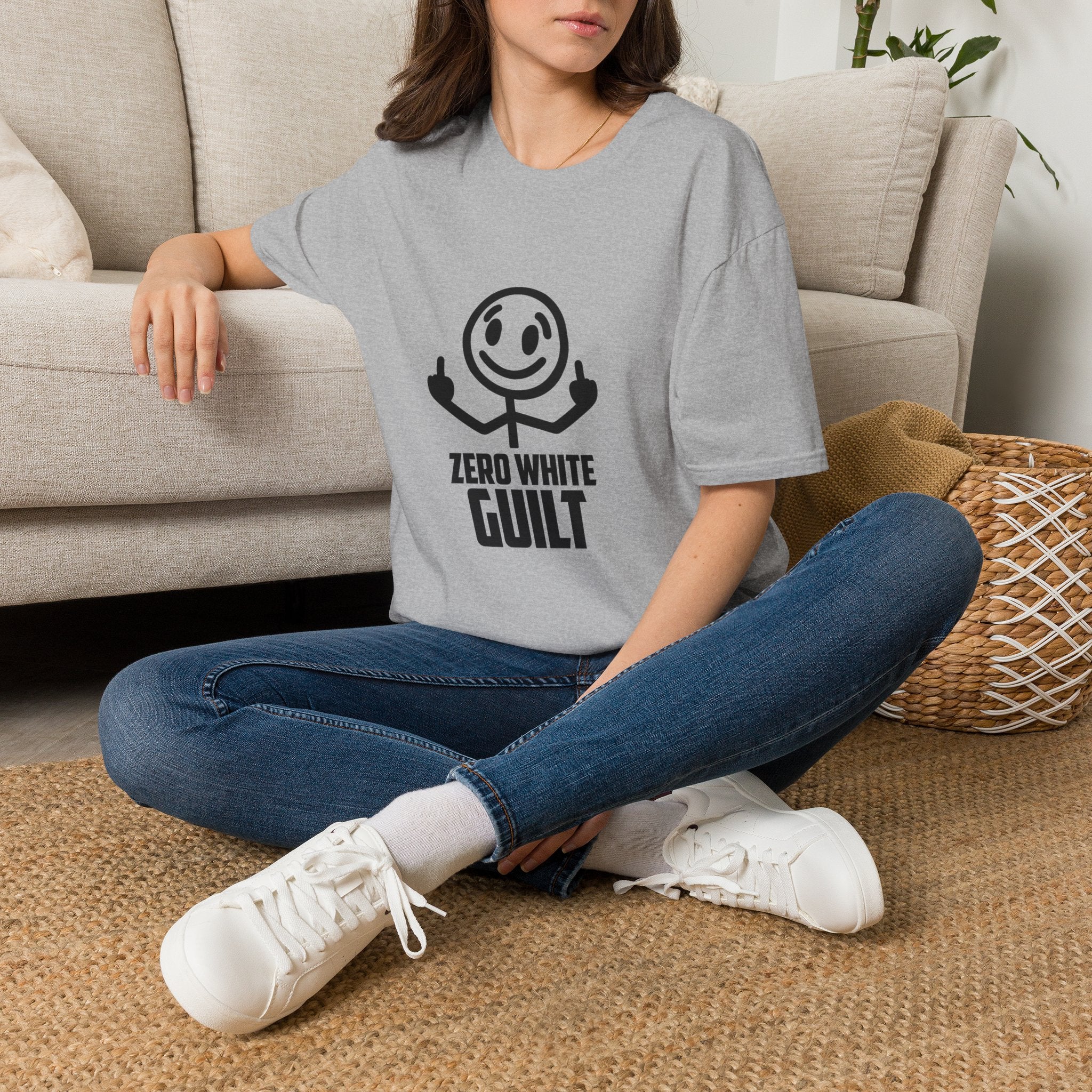 Graphic T-Shirt — 'Zero White Guilt' Smiley Stick Figure Middle Finger