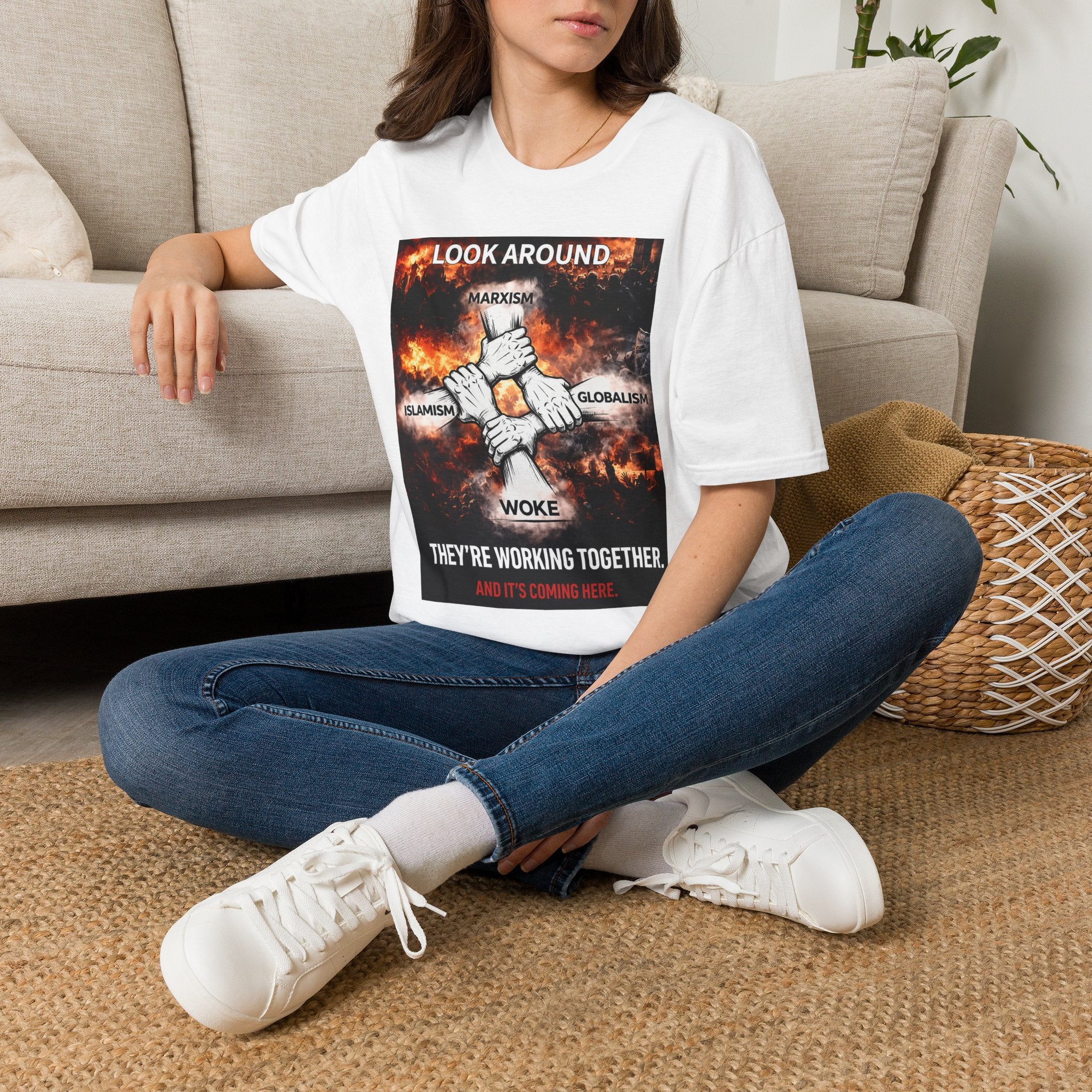 Political Graphic T-Shirt — "Look Around" Protest Design