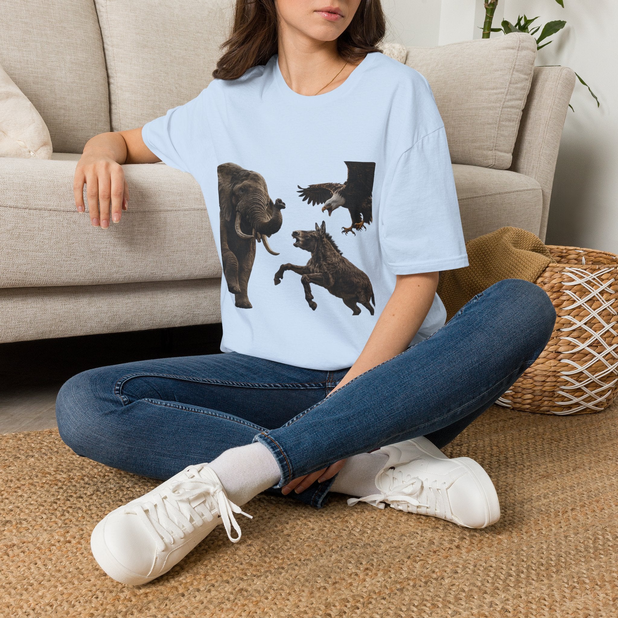 Wildlife Face-Off T-Shirt — Elephant, Eagle & Donkey Nature Scene