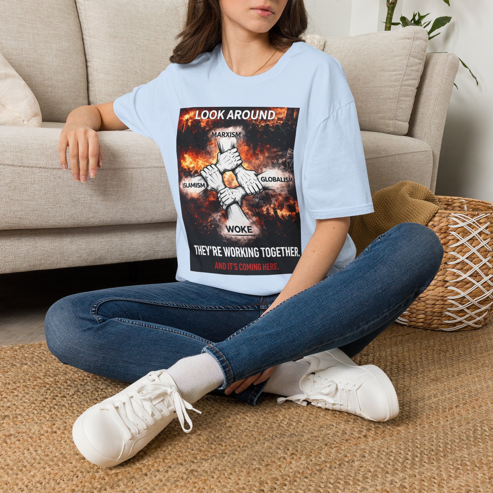 Political Graphic T-Shirt — "Look Around" Protest Design