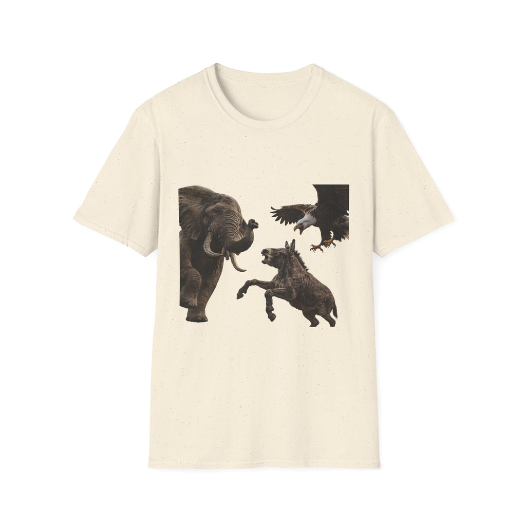 Wildlife Face-Off T-Shirt — Elephant, Eagle & Donkey Nature Scene