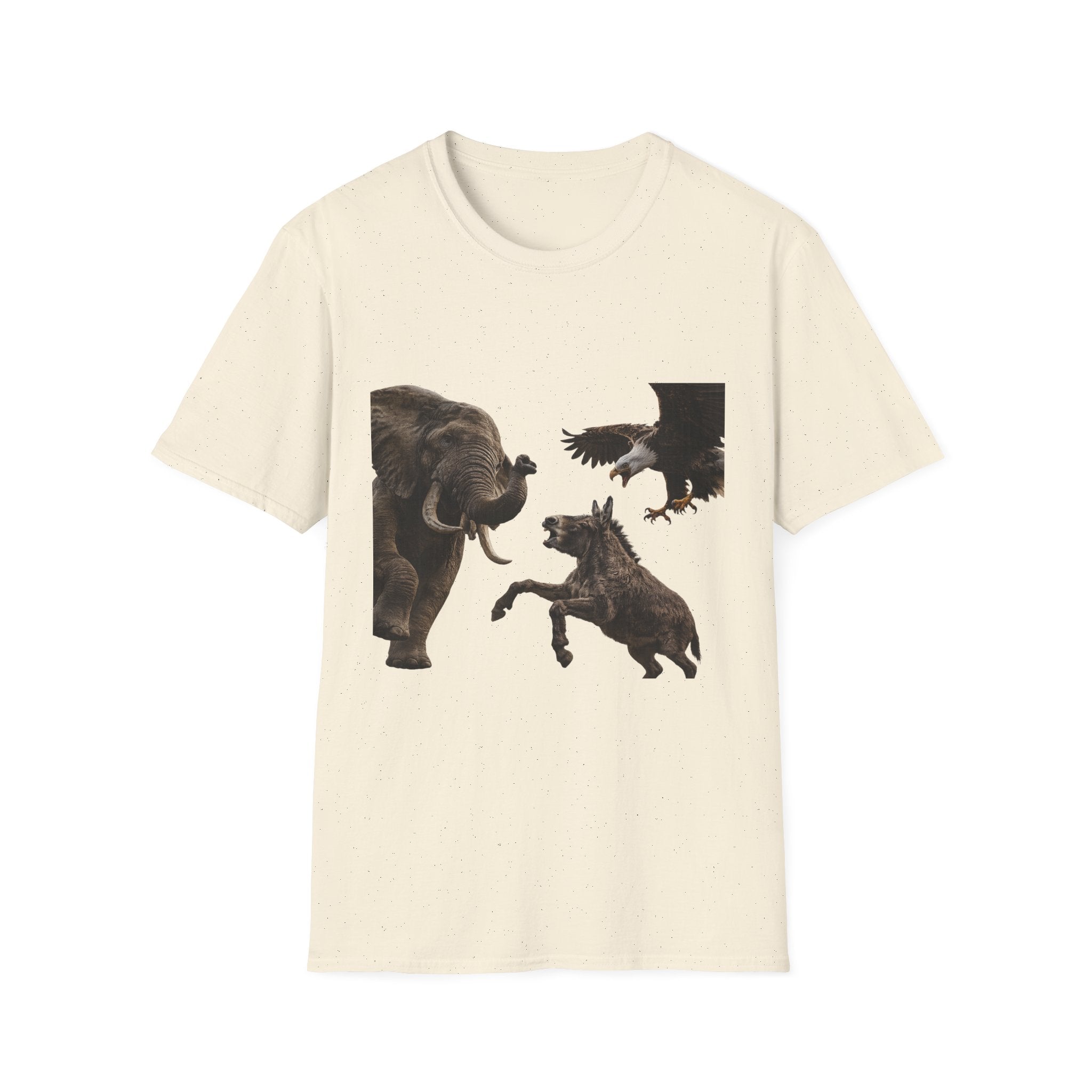 Wildlife Face-Off T-Shirt — Elephant, Eagle & Donkey Nature Scene