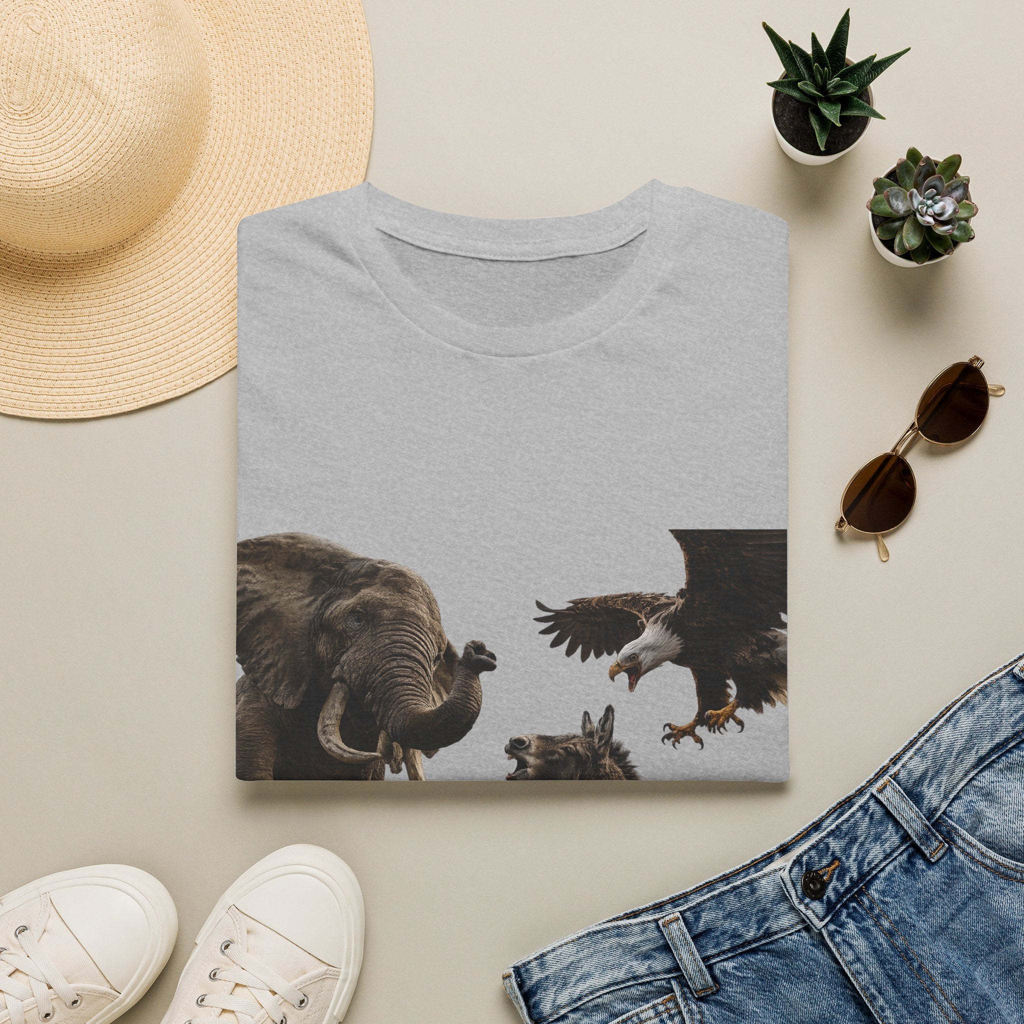 Wildlife Face-Off T-Shirt — Elephant, Eagle & Donkey Nature Scene
