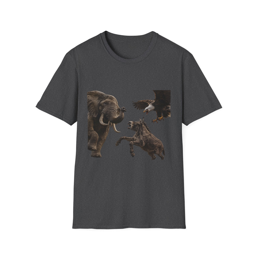 Wildlife Face-Off T-Shirt — Elephant, Eagle & Donkey Nature Scene