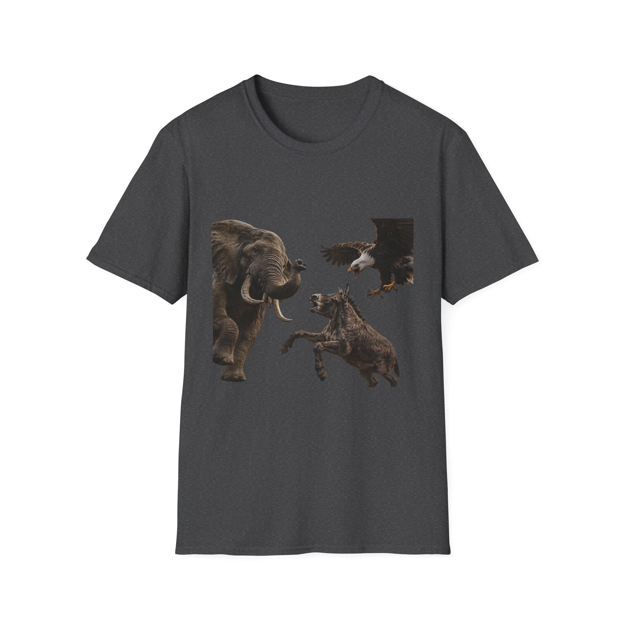 Wildlife Face-Off T-Shirt — Elephant, Eagle & Donkey Nature Scene