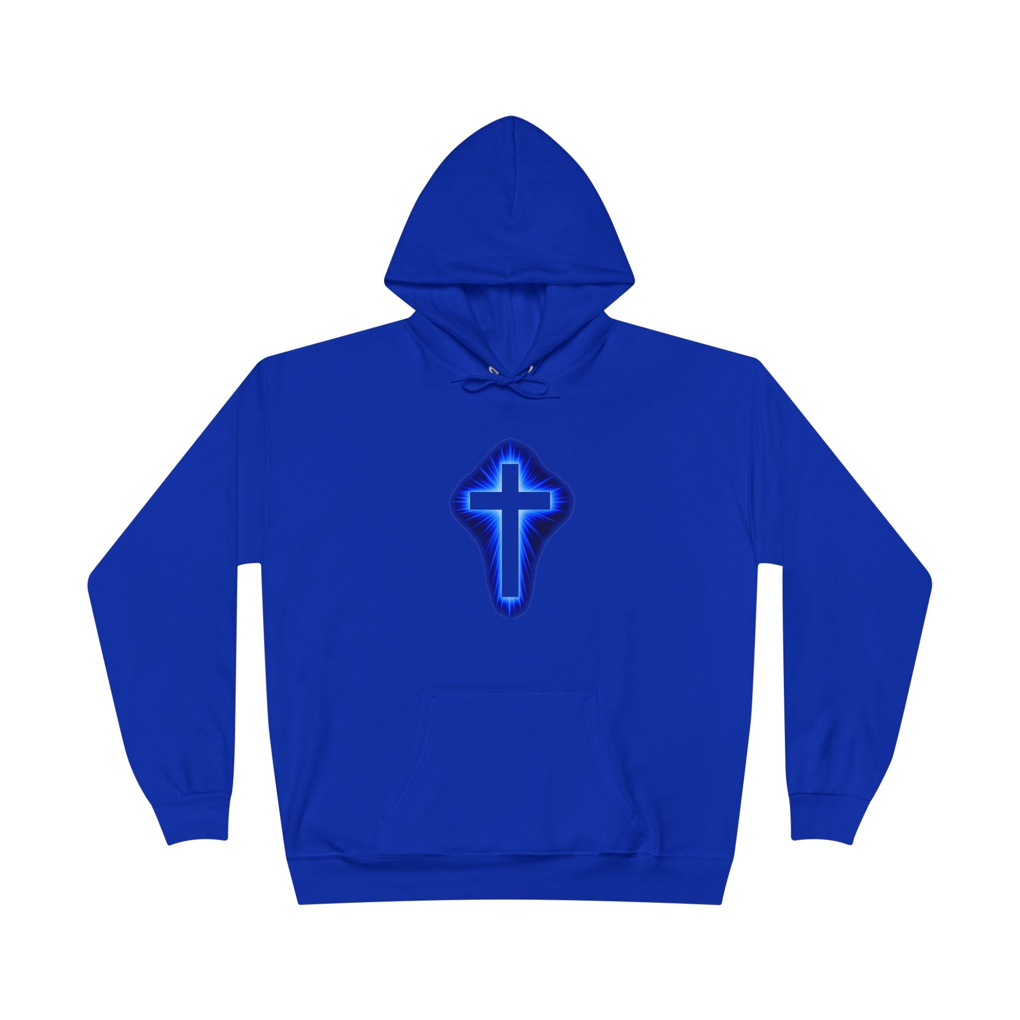 Christian Cross Hoodie — Blue Glow Front & Rustic Back Pullover
