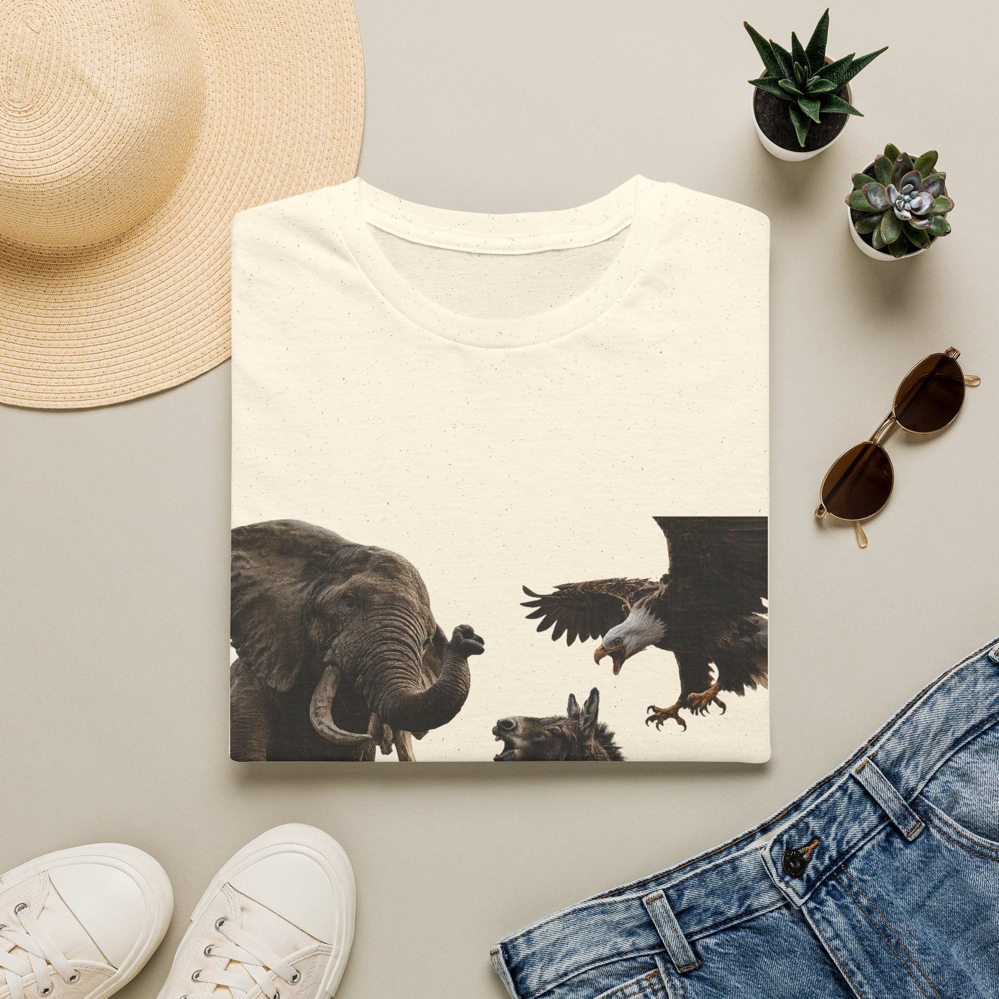 Wildlife Face-Off T-Shirt — Elephant, Eagle & Donkey Nature Scene