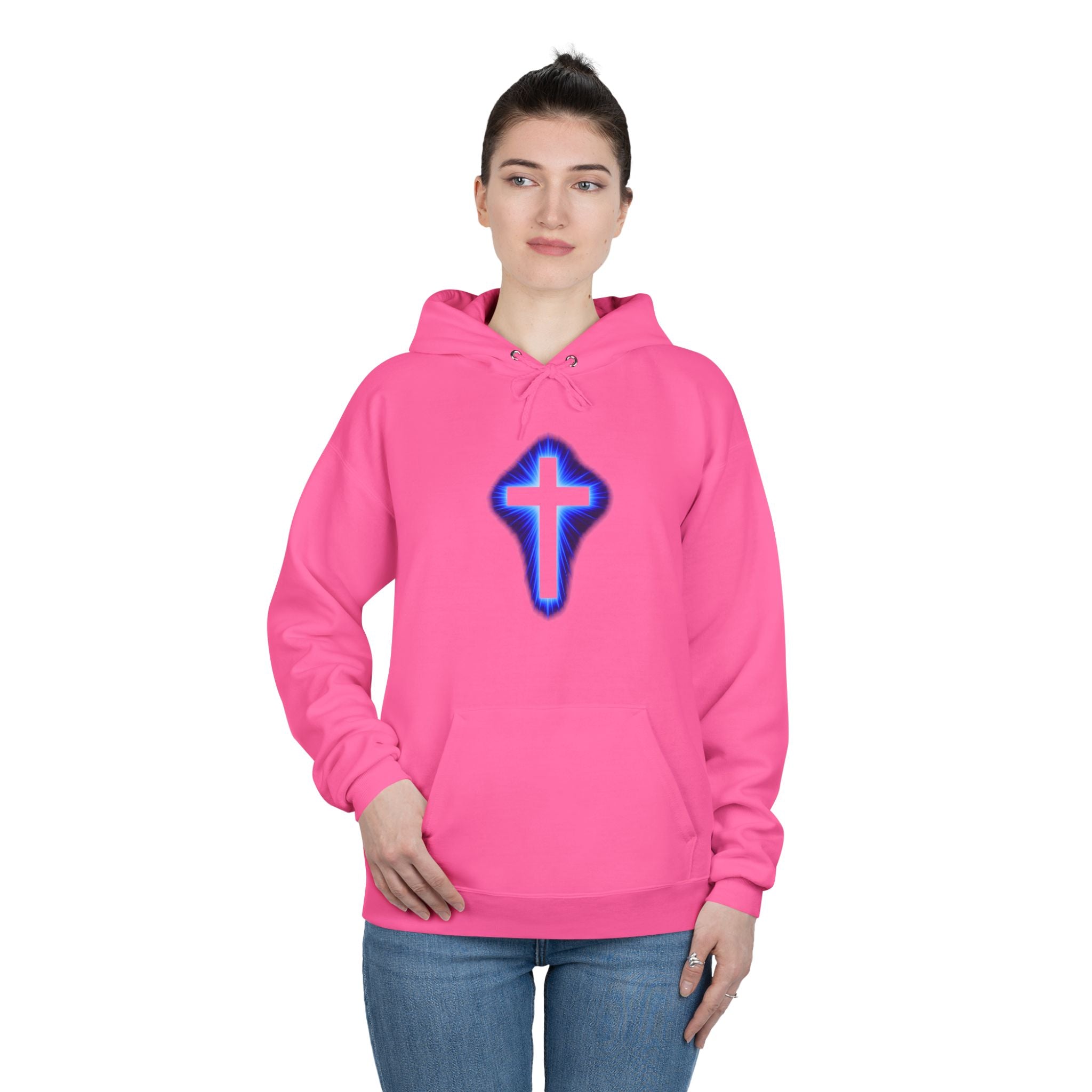 Christian Cross Hoodie — Blue Glow Front & Rustic Back Pullover