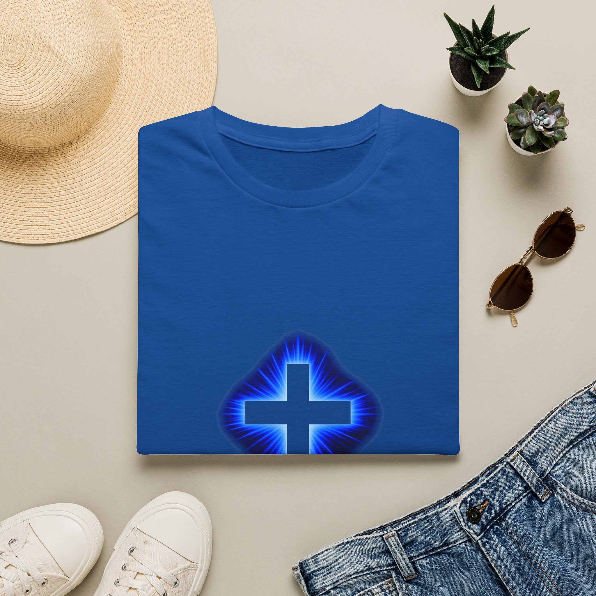 Blue Glowing Cross T‑Shirt — Christian Faith Graphic Tee