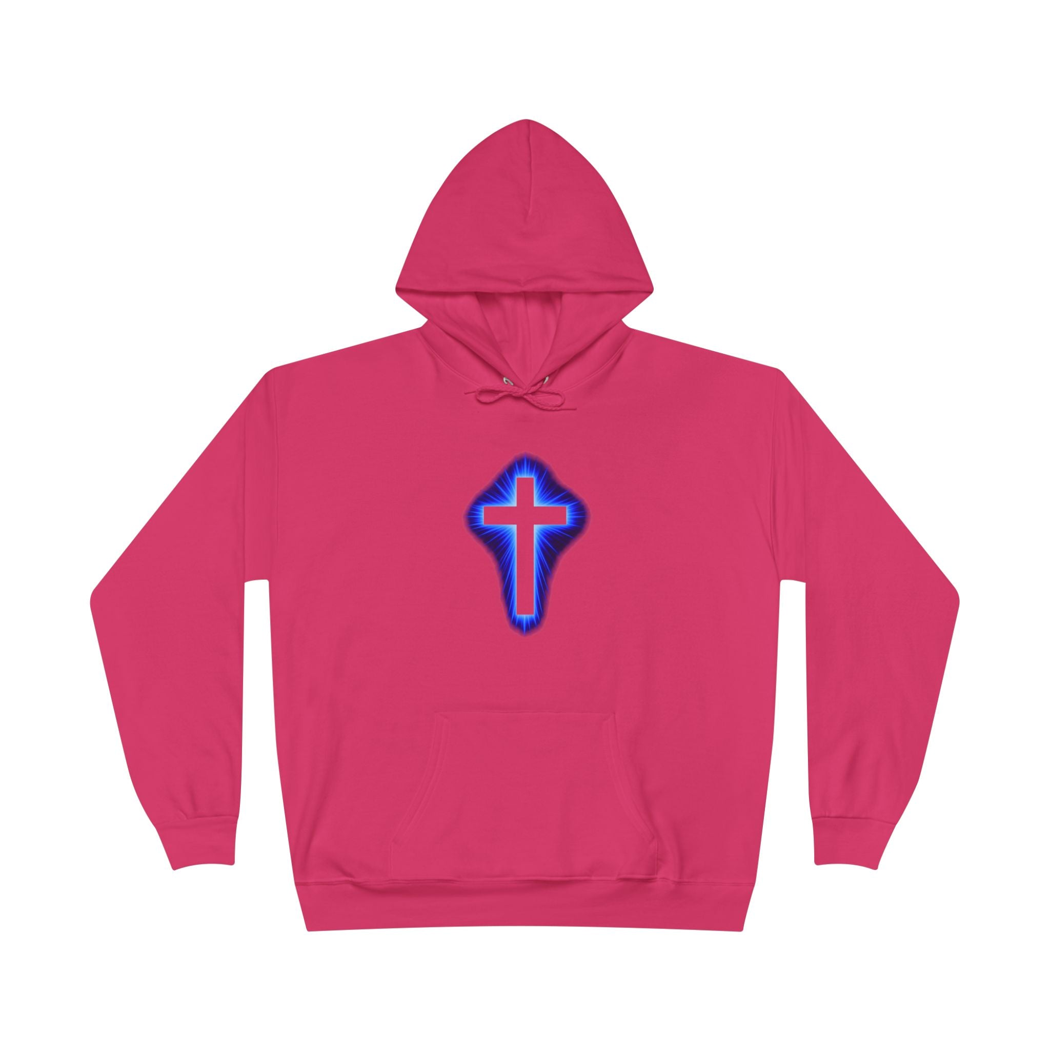 Christian Cross Hoodie — Blue Glow Front & Rustic Back Pullover
