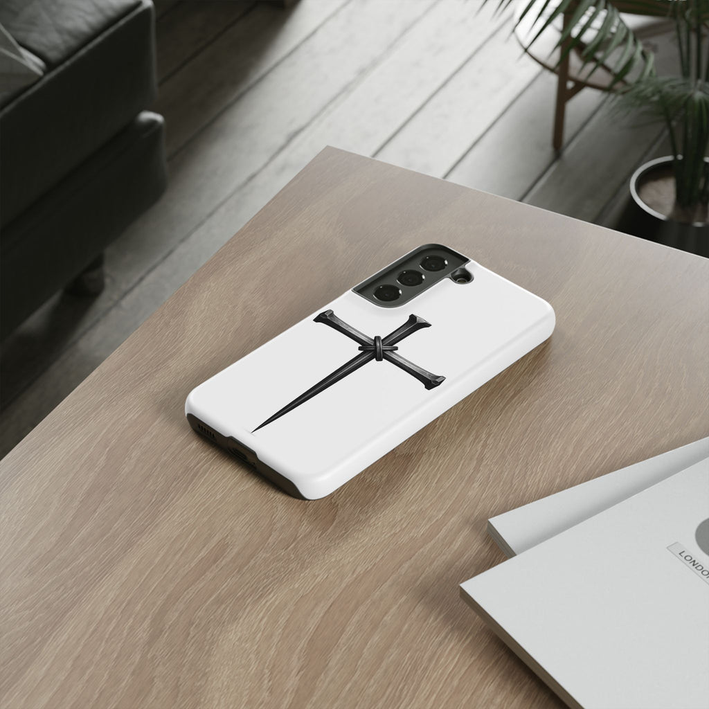 Nail Cross Tough Phone Case – Minimal Gothic Christian Armor for Samsung & iPhone