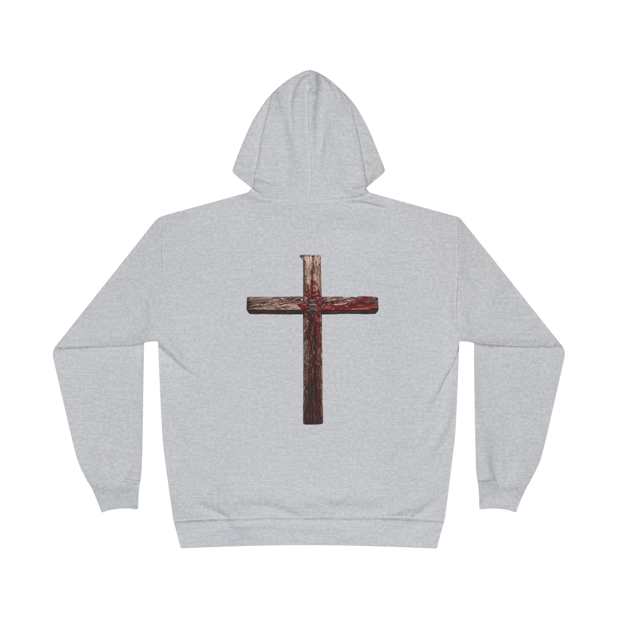 Christian Cross Hoodie — Blue Glow Front & Rustic Back Pullover