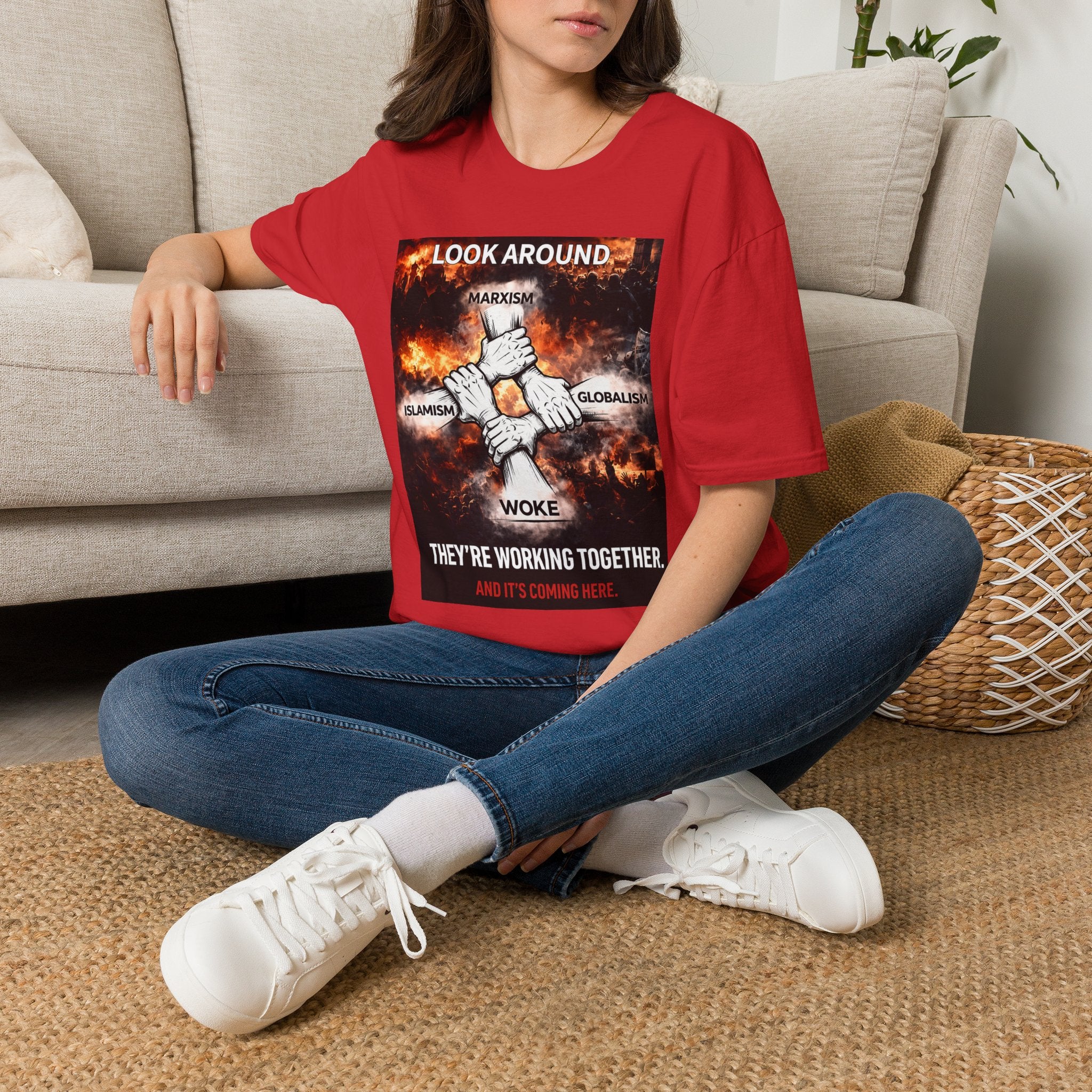 Political Graphic T-Shirt — "Look Around" Protest Design