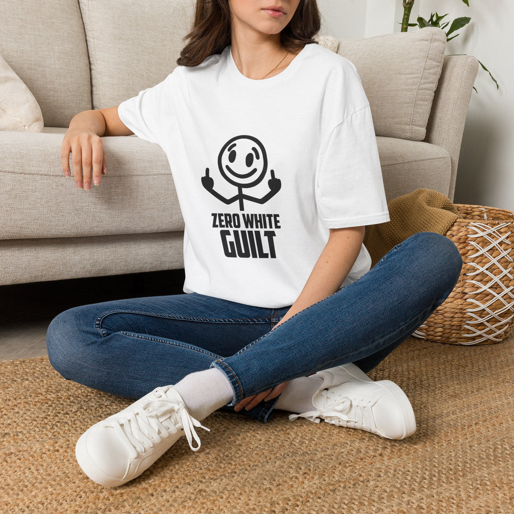 Graphic T-Shirt — 'Zero White Guilt' Smiley Stick Figure Middle Finger