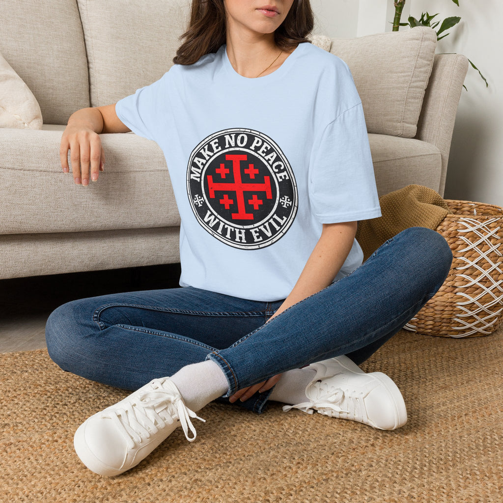Make No Peace T-Shirt — Bold Crusader Emblem Tee ("Make No Peace With Evil")