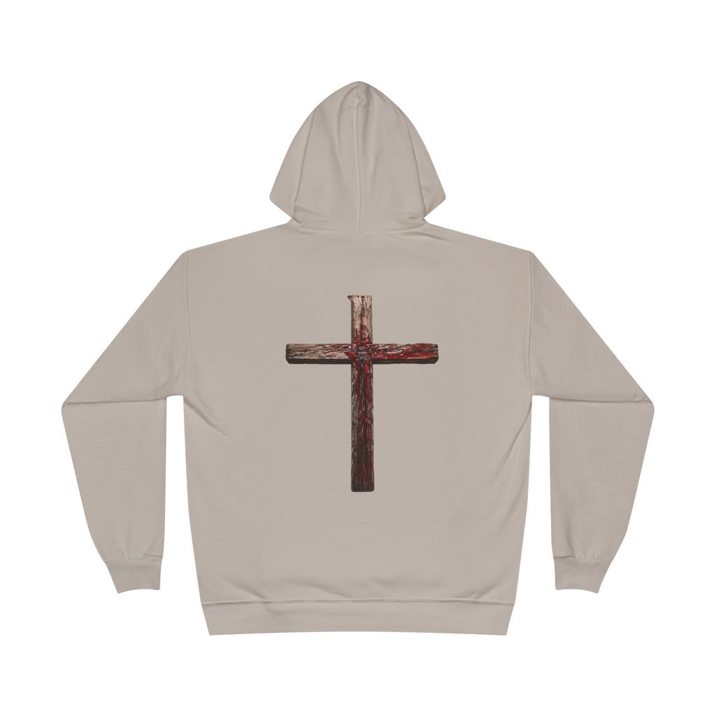 Christian Cross Hoodie — Blue Glow Front & Rustic Back Pullover