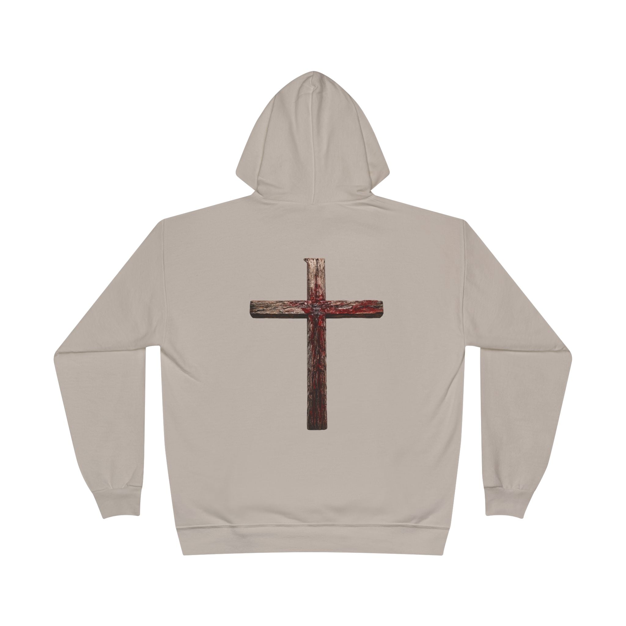 Christian Cross Hoodie — Blue Glow Front & Rustic Back Pullover