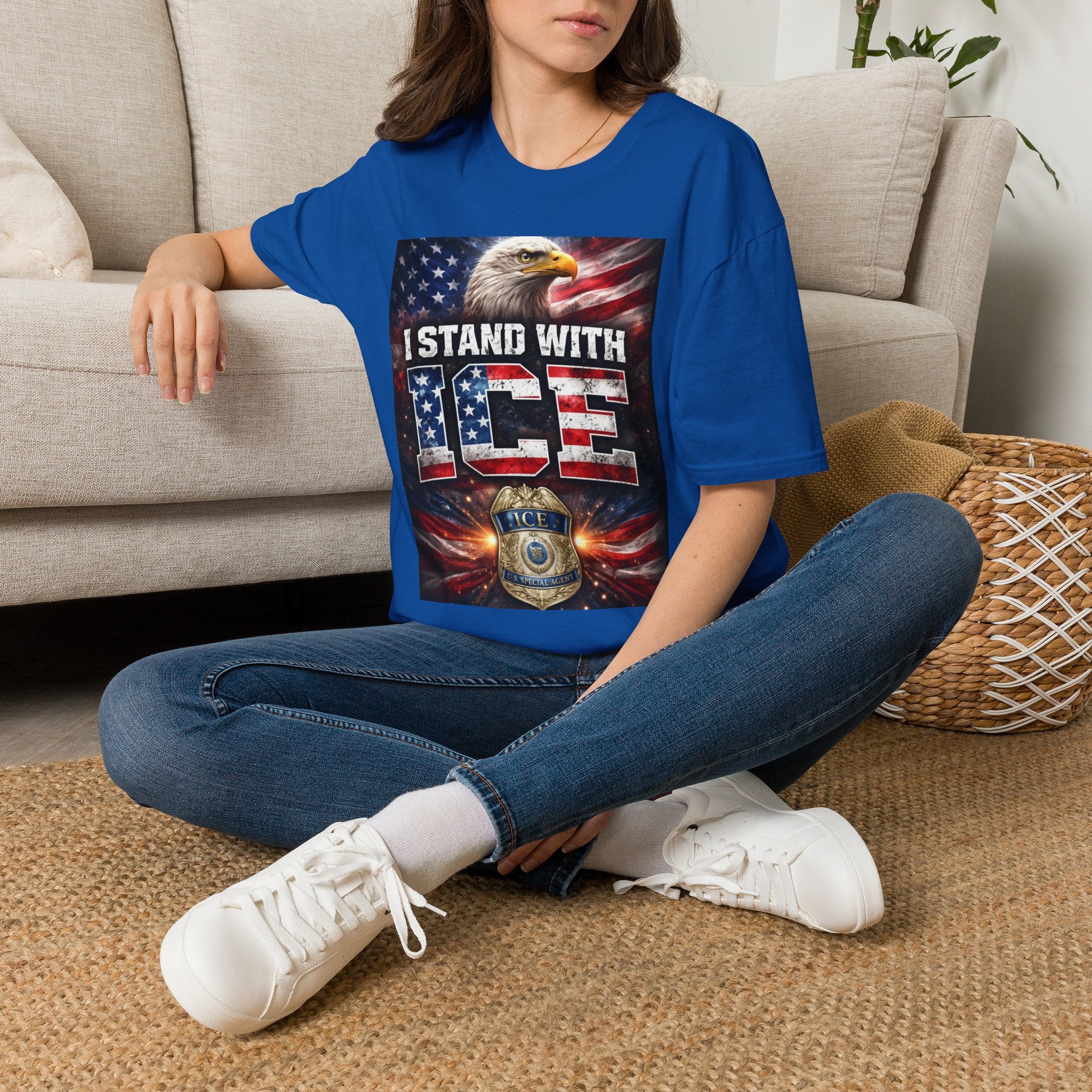 I Stand With ICE American Flag Eagle T-Shirt — Pro-ICE Patriotic Tee