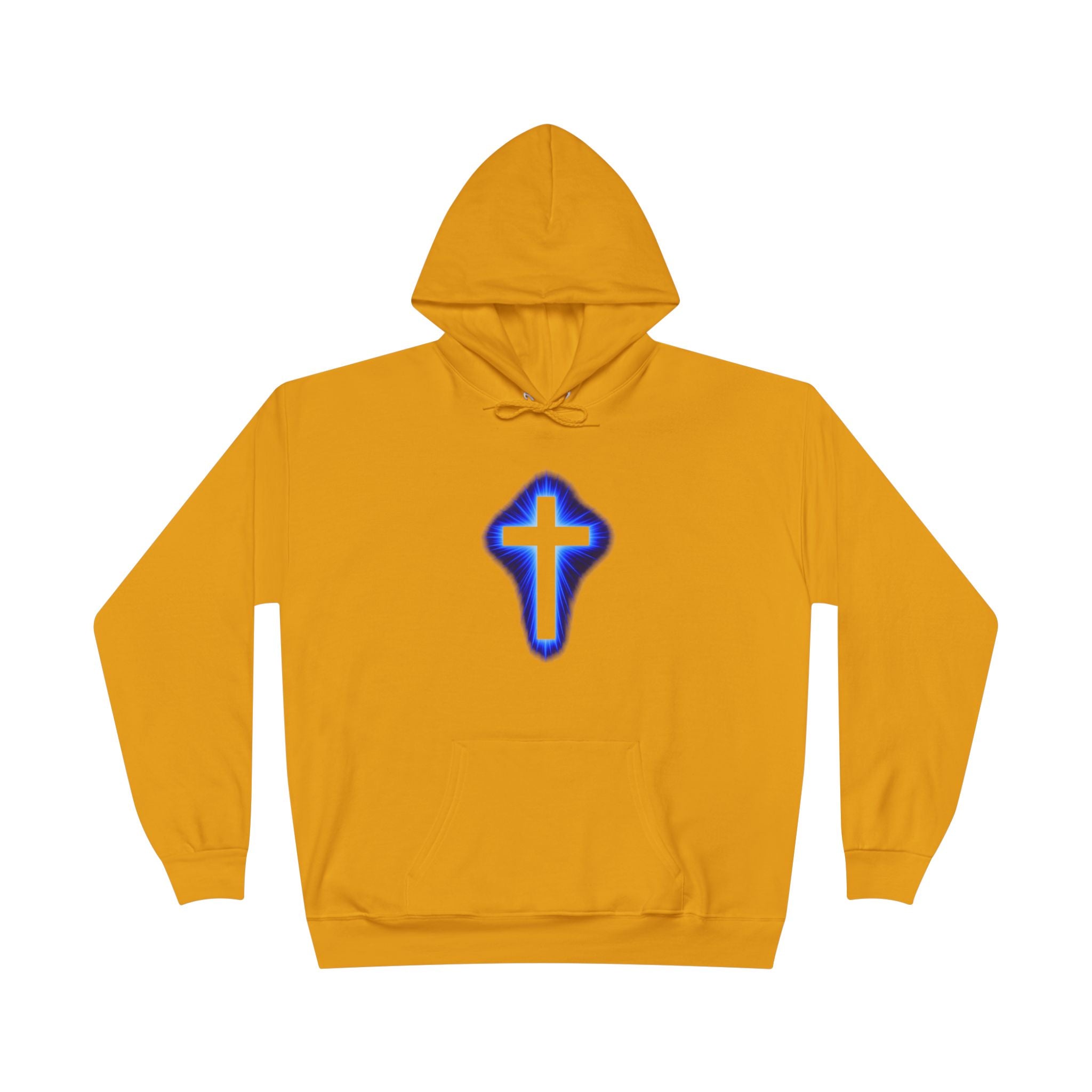 Christian Cross Hoodie — Blue Glow Front & Rustic Back Pullover