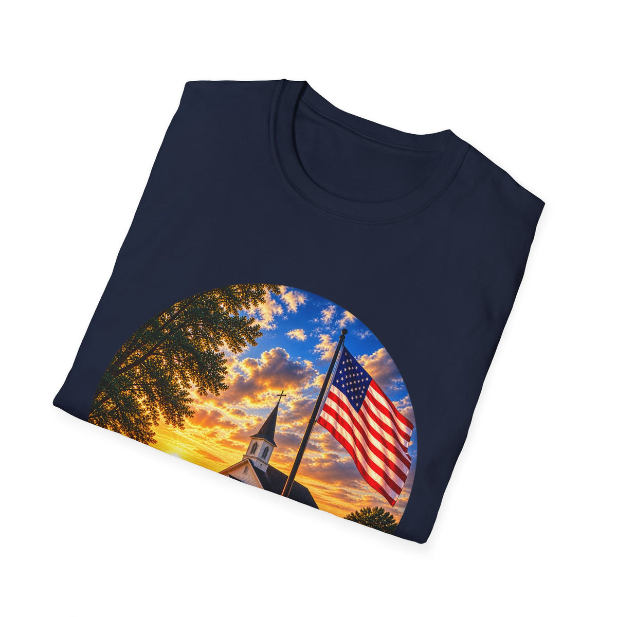 Patriotic Church Sunset T-Shirt — American Flag Chapel Scene