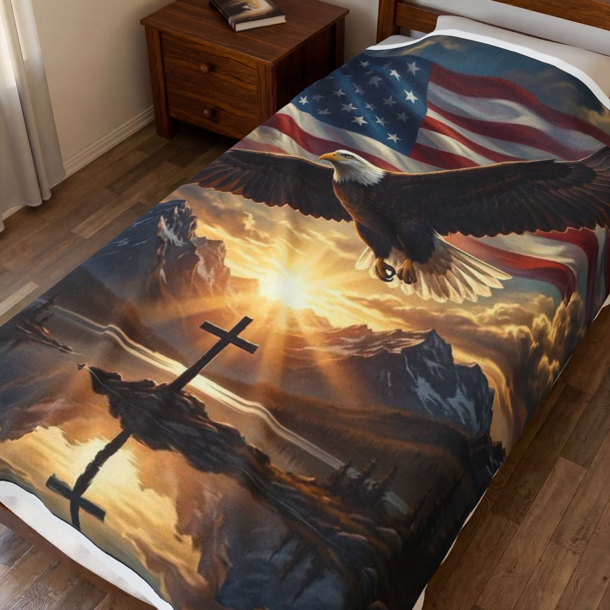 Patriotic Eagle & Cross Velveteen Plush Blanket – American Flag Sunset Throw for Faithful Comfort, Memorial Day Gift