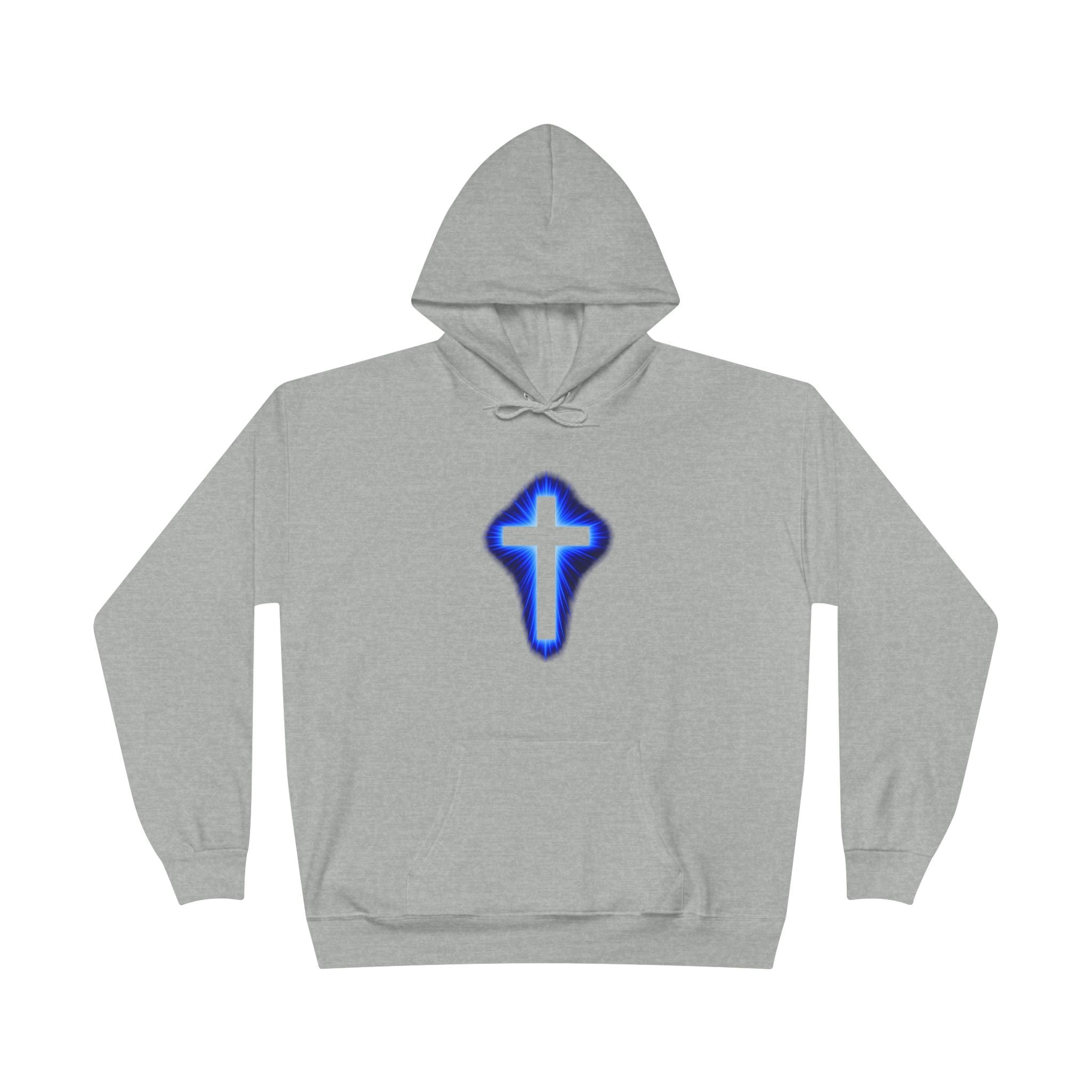 Christian Cross Hoodie — Blue Glow Front & Rustic Back Pullover