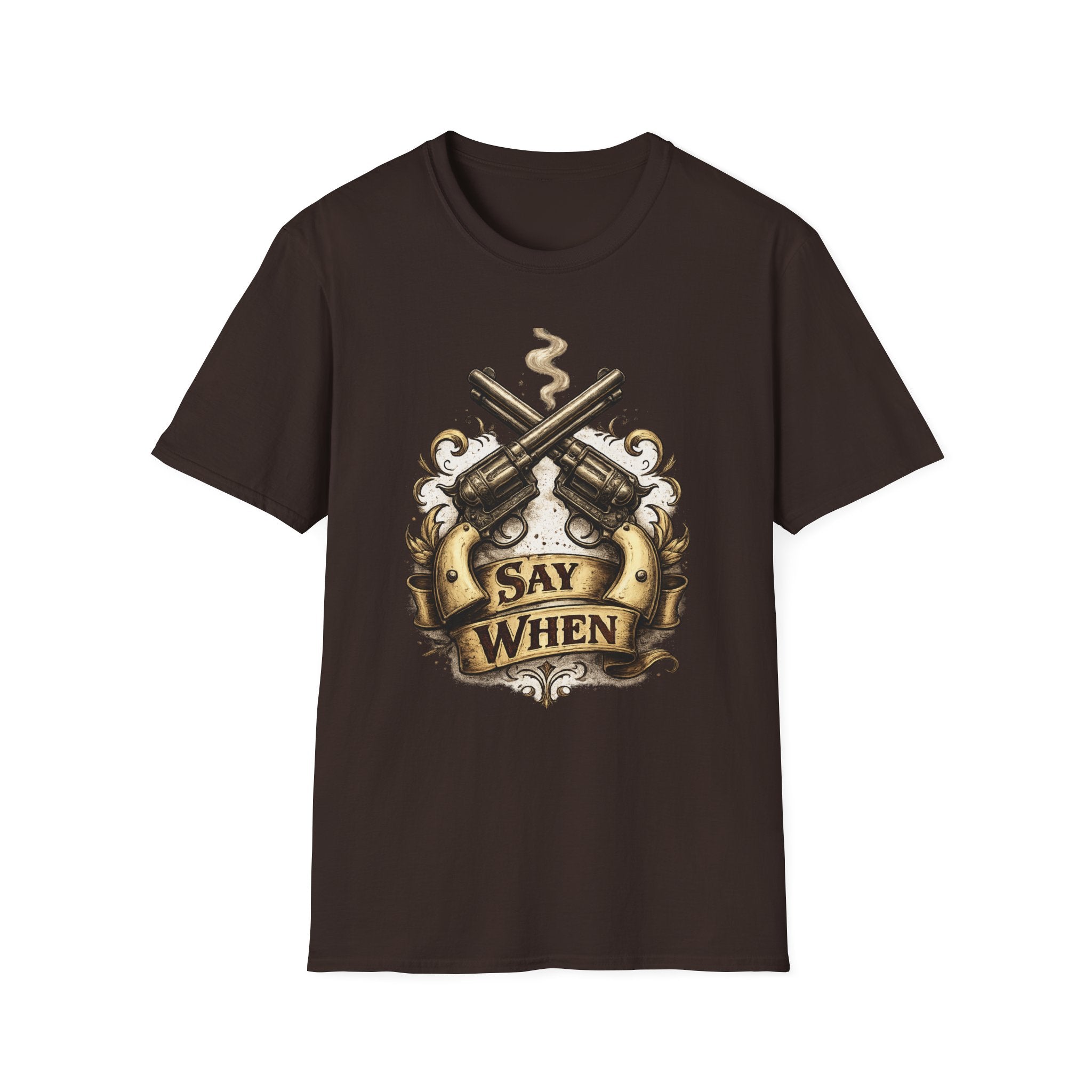 Western Revolver T‑Shirt — "Say When" Vintage Gun Graphic