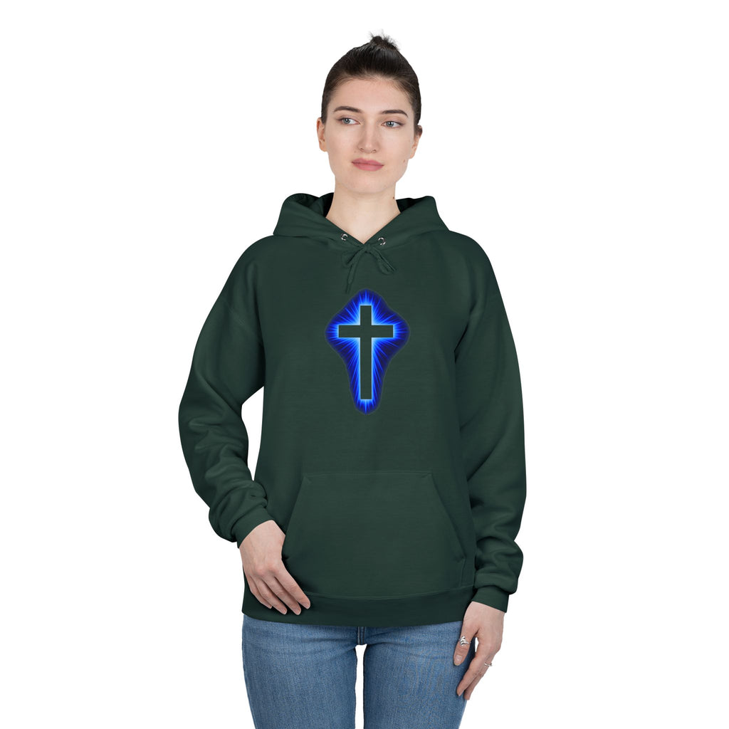 Christian Cross Hoodie — Blue Glow Front & Rustic Back Pullover