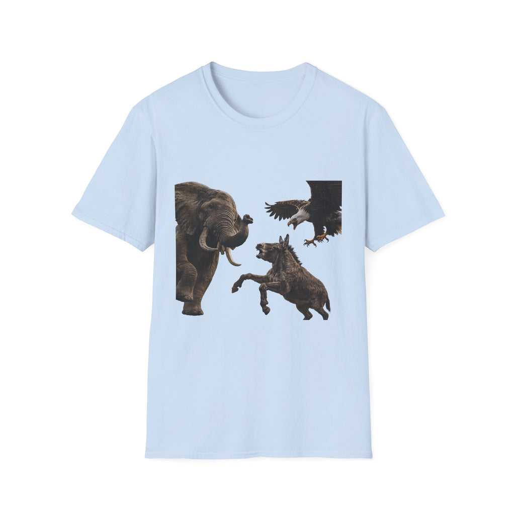Wildlife Face-Off T-Shirt — Elephant, Eagle & Donkey Nature Scene