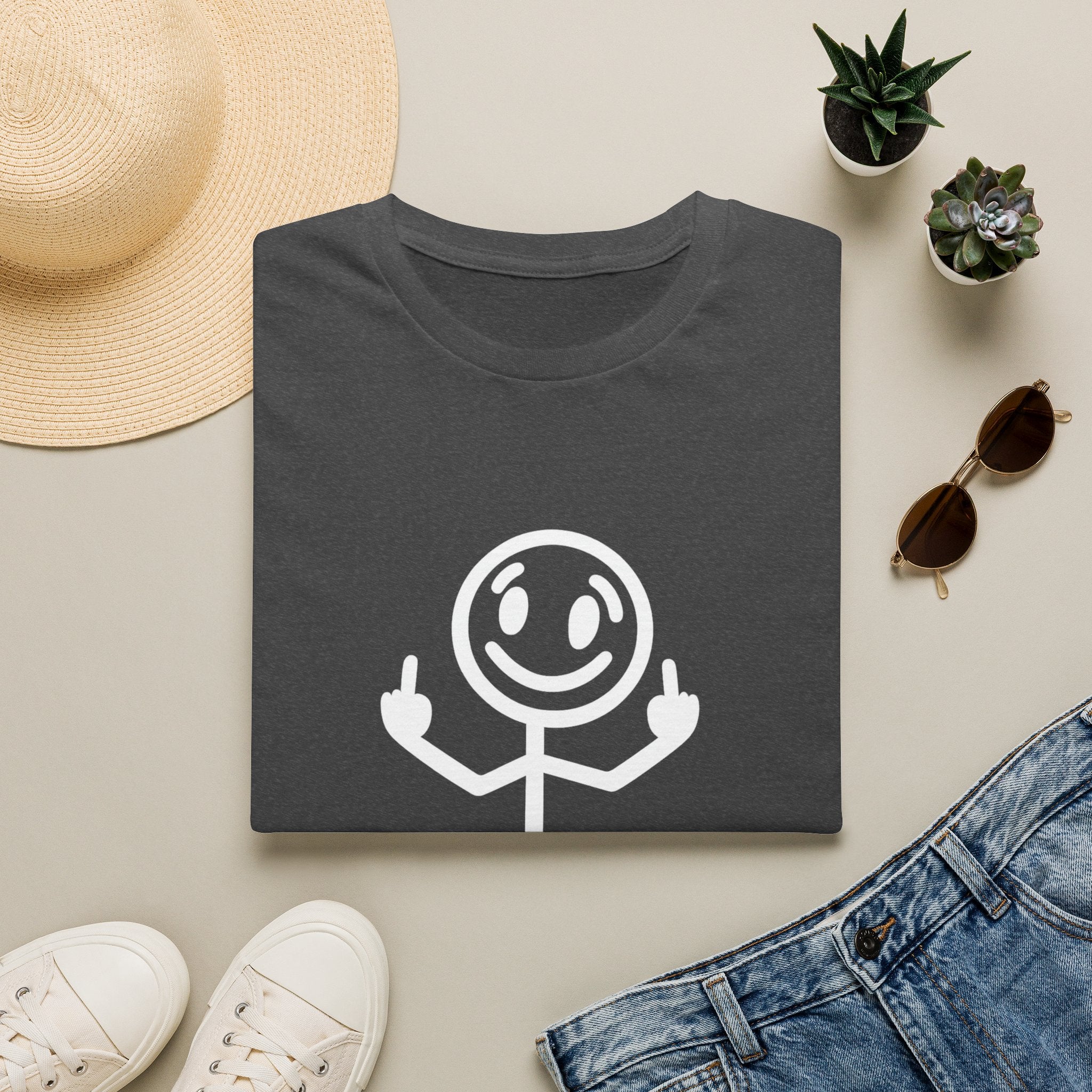 Zero White Guilt T-Shirt — Smiley Stick Figure Flipping Off Graphic Tee