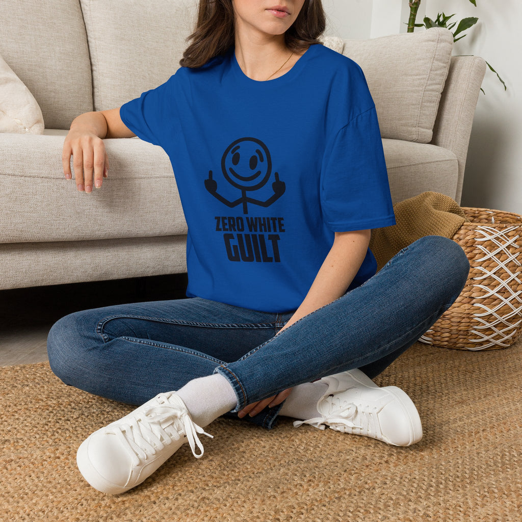 Graphic T-Shirt — 'Zero White Guilt' Smiley Stick Figure Middle Finger