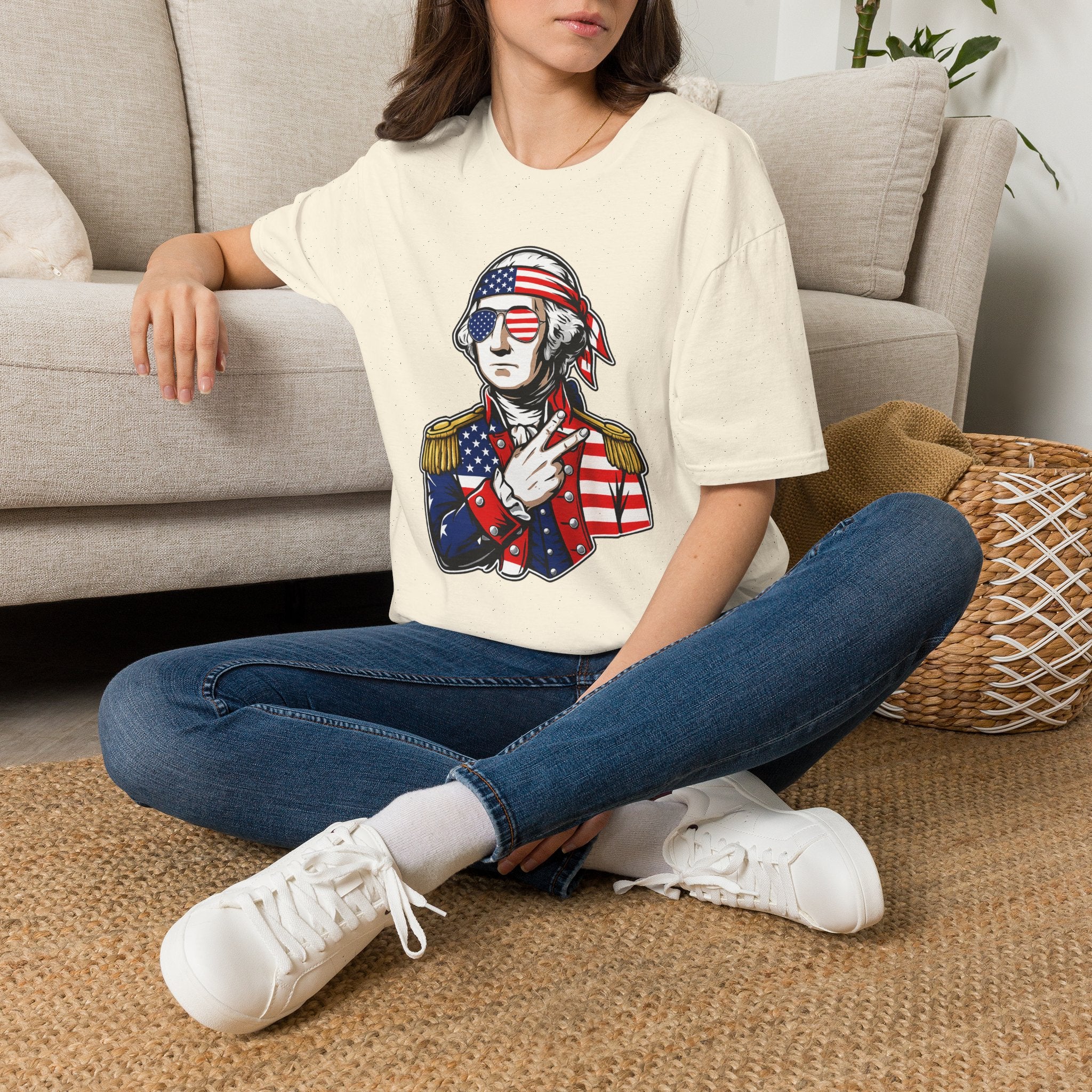 Patriotic George Washington T-Shirt – American Flag Bandana & Shades Tee