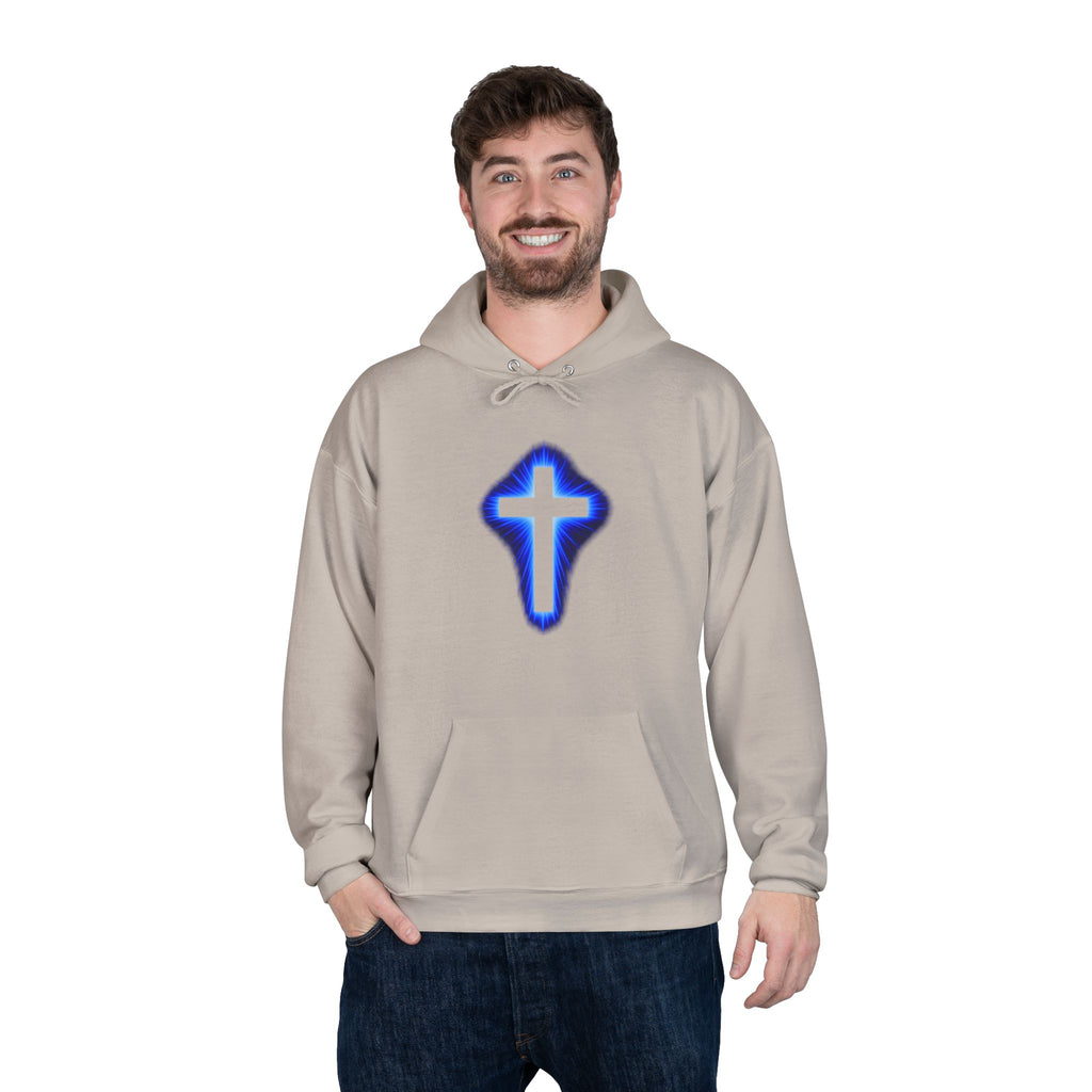 Christian Cross Hoodie — Blue Glow Front & Rustic Back Pullover